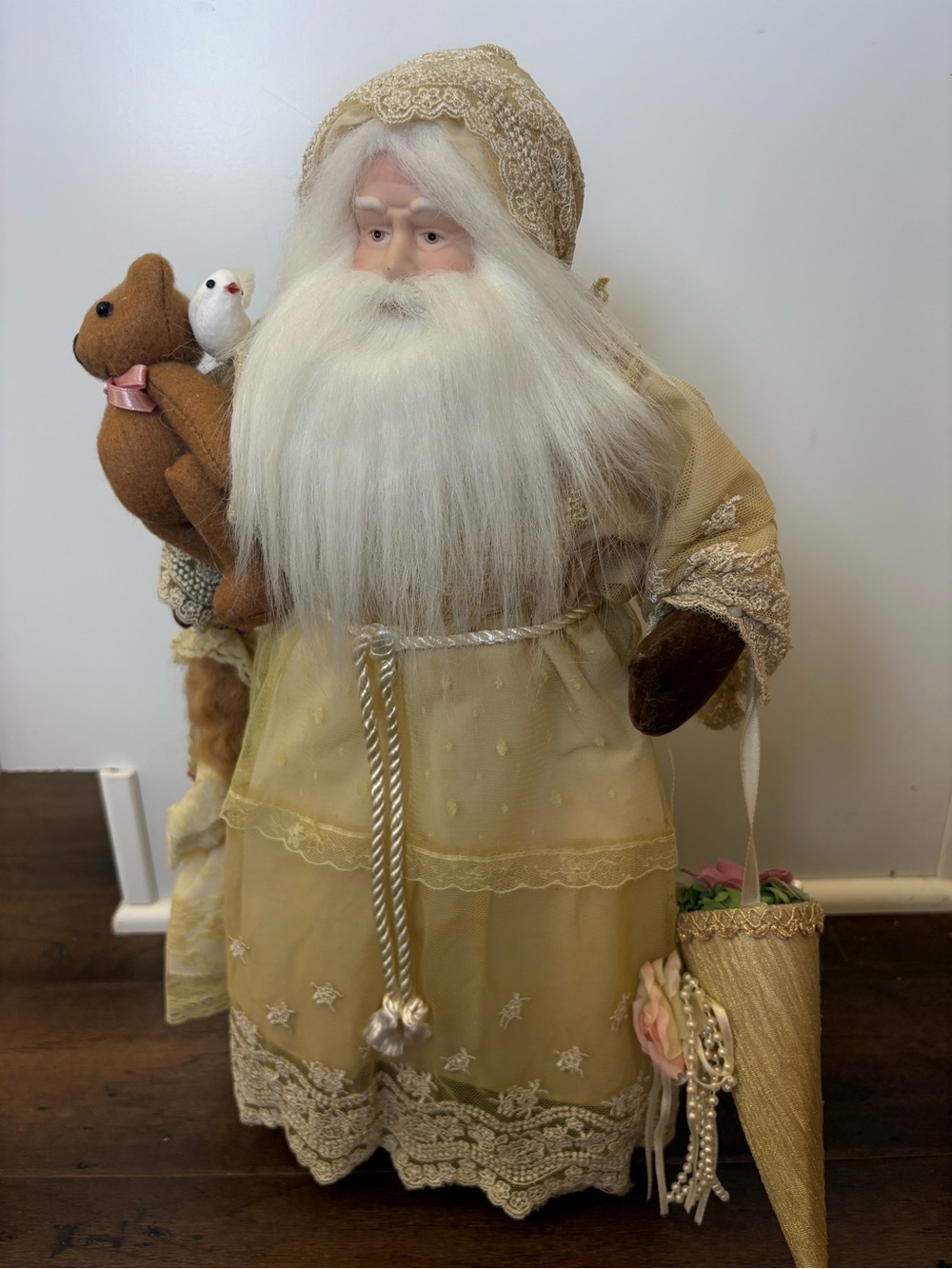 Vintage Victorian Santa Claus Father Christmas Figurine Gold Lace Robe 17” Dove